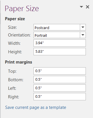 OneNote Paper Size Dialog Box