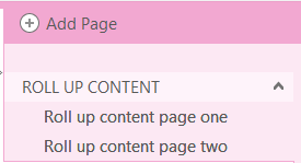 Page tab showing ROLL UP CONTENT page followed by two indented sub pages: rollup content page one and two