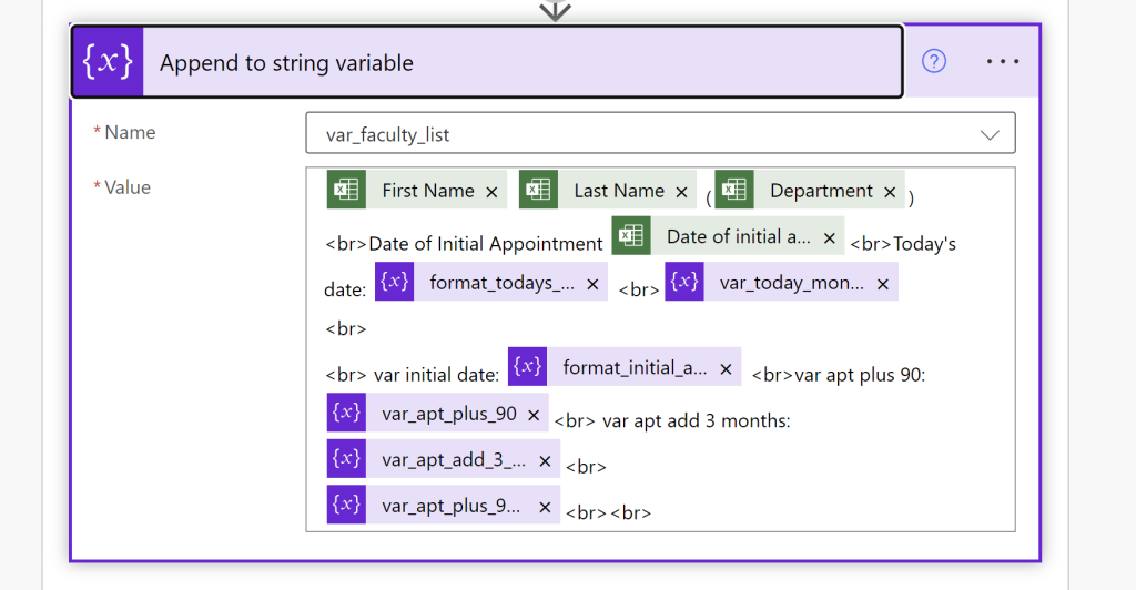 append to string variable screenshot showing the varfaculty_list variable being appended with data from the spreadsheet including first name, last name, department, and the date of appointment. 