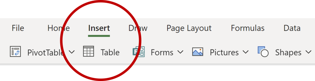 excel menu bar, with INSERT and TABLE circled