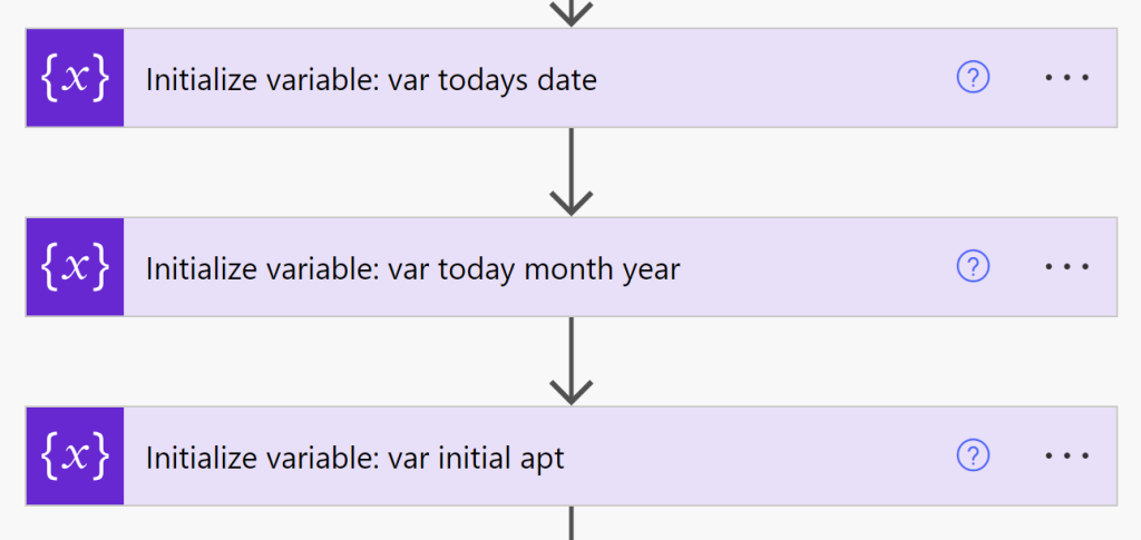 Three renamed variables showing: var todays date, var today month year, var initial apt