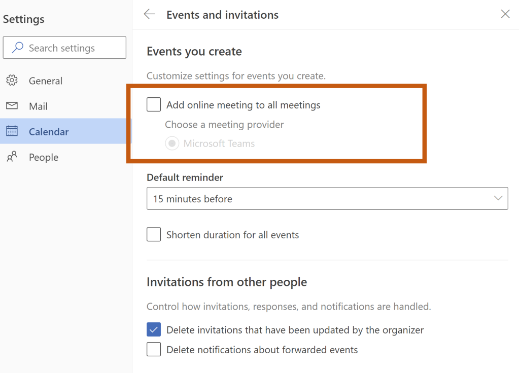 screenshot of events and invitations screen in Outlook Online. A border is placed around the settings for Add online meeting to all meetings. The box is unchecked.